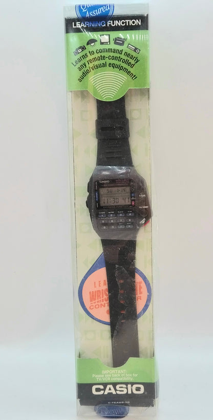 Casio learning function wrist watch in its original retail packaging, featuring a black strap and digital display.